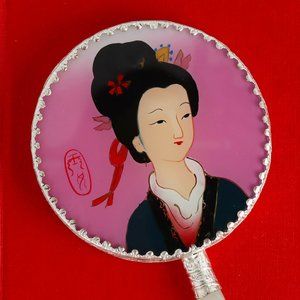 Chinese Geisha Girl Hand Mirror Jade Handle Silver Plated